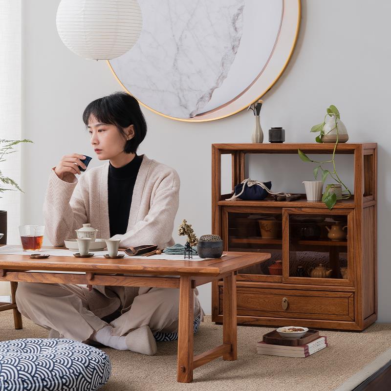 新中式飘窗柜老榆木阳台矮茶水边柜收纳展示柜榻榻米柜子