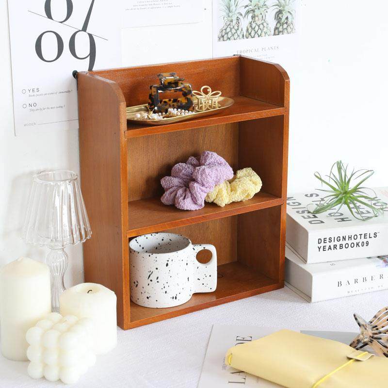 木质化妆品分层收纳盒办公室桌面置物架复古木制护肤品收纳架大号