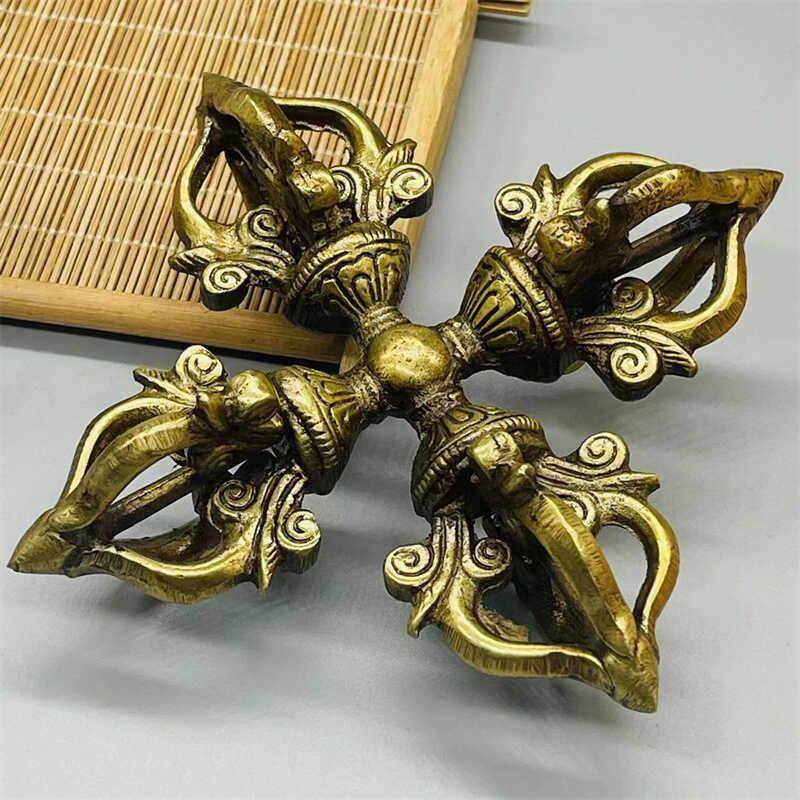 密宗法器尼泊尔手工黄铜五股十字金刚杵降魔杵金刚镢复古做旧摆件