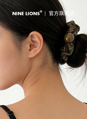 九只狮子（饰品）复古格纹珠子拼接发圈女绿色小肠圈头绳扎发皮筋