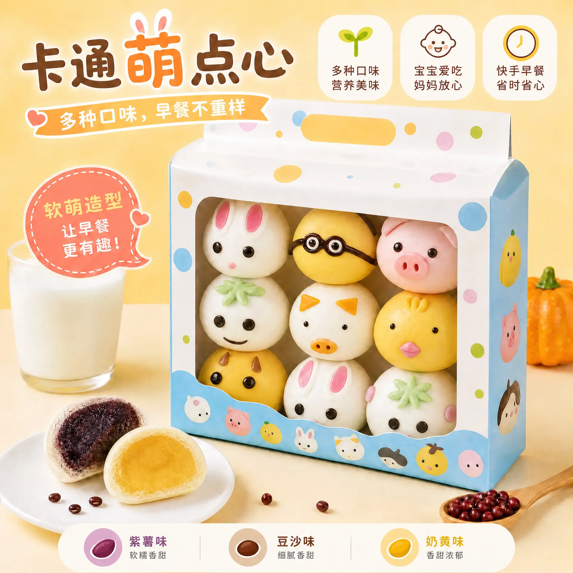果蔬动物奶香夹心馒头卡通包早餐