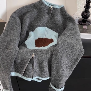 韩系撞色高级感拉链针织开衫 秋冬慵懒休闲百搭学院风软糯毛衣外套