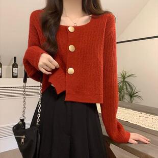 小个子简约短款 内搭针织衫 螺纹钩花方领毛衣开衫 冬季 外套 长袖 秋季