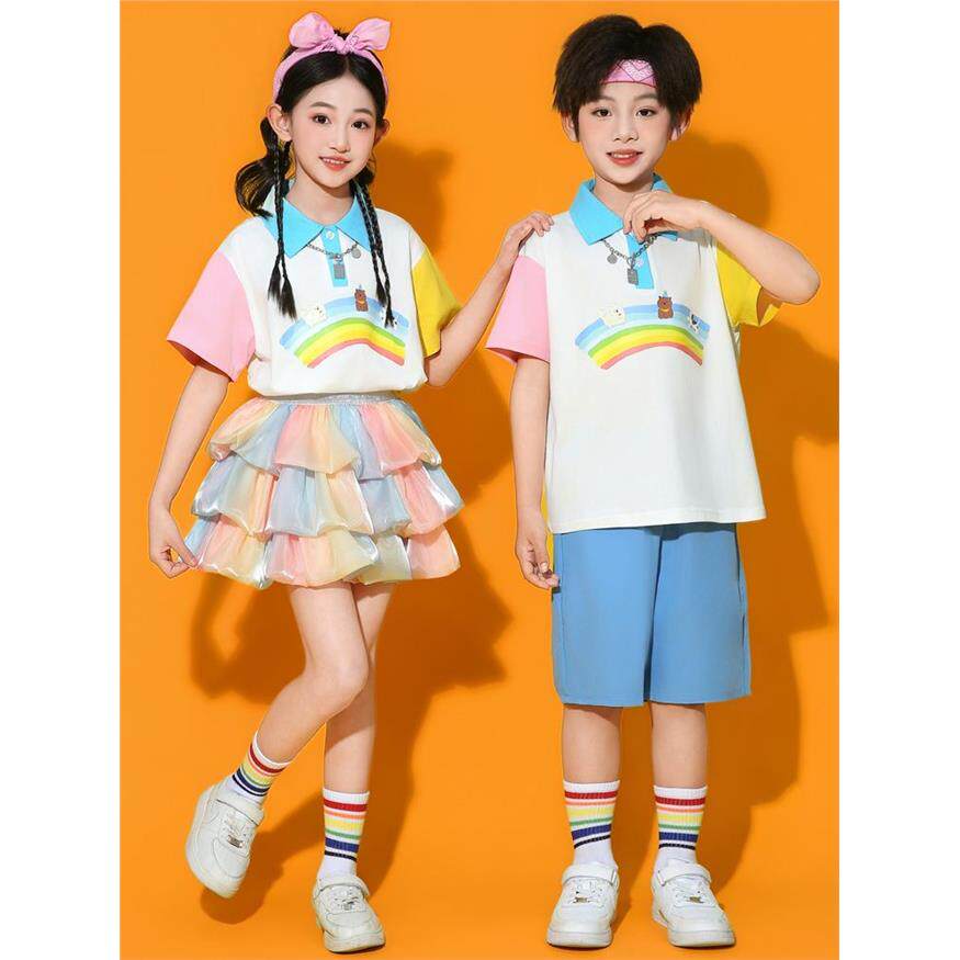 儿童运动会啦啦操演出服小学生班服幼儿园多巴胺彩虹男女表演班服