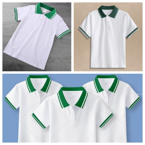 儿童白色绿领绿袖校服短
