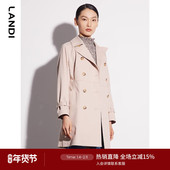 直筒风衣外套女春新品 LANDI莱赛尔杏色西装 领双排扣中长款