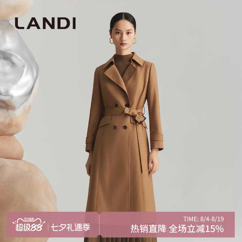 绵羊毛长款系带风衣外套