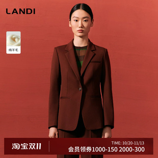 LANDI砖红色绵羊毛微宽肩通勤西服外套女收腰西装外套冬新品