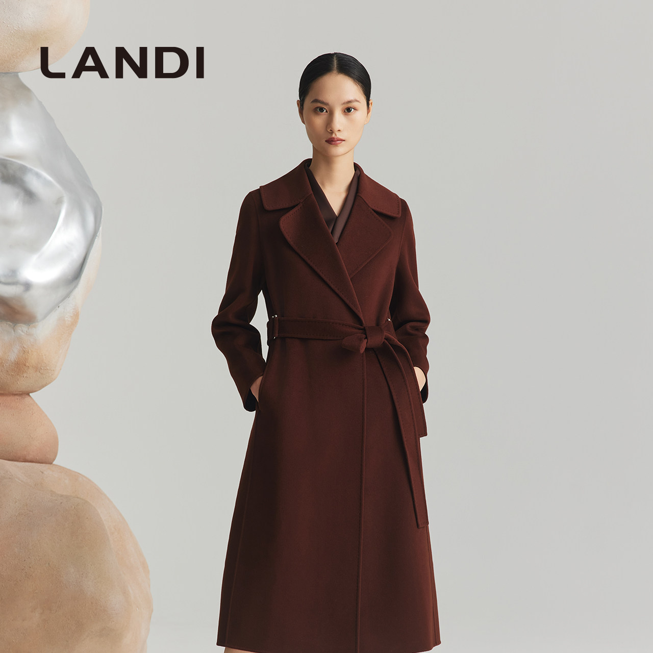LANDI安可拉红含羊绒毛呢大衣