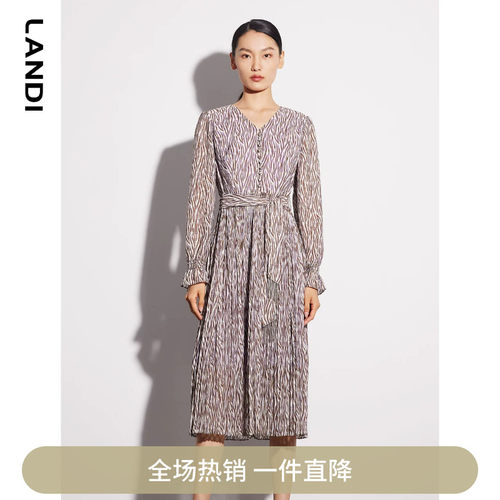 艺术印花压褶V领连衣裙