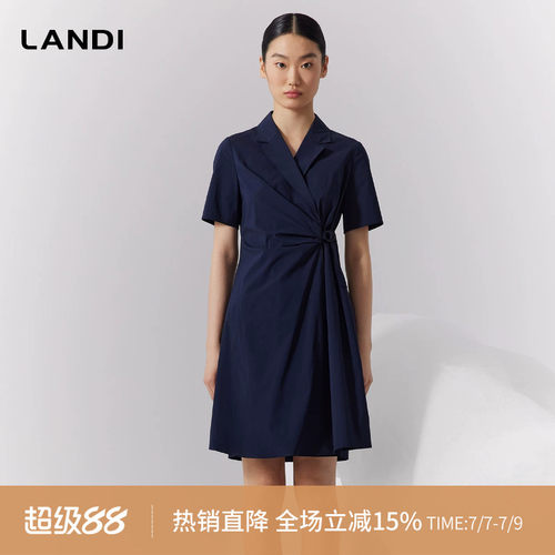 法式西装领收腰抽褶衬衫式连衣裙