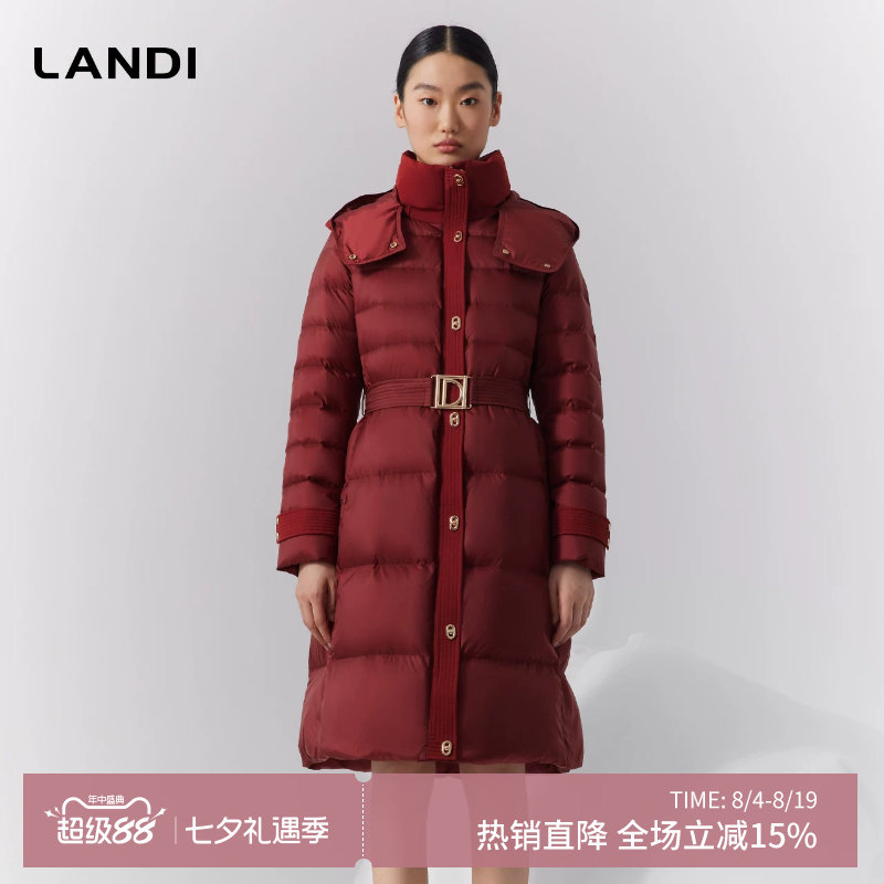中长款冬季连帽蓝地红色羽绒服