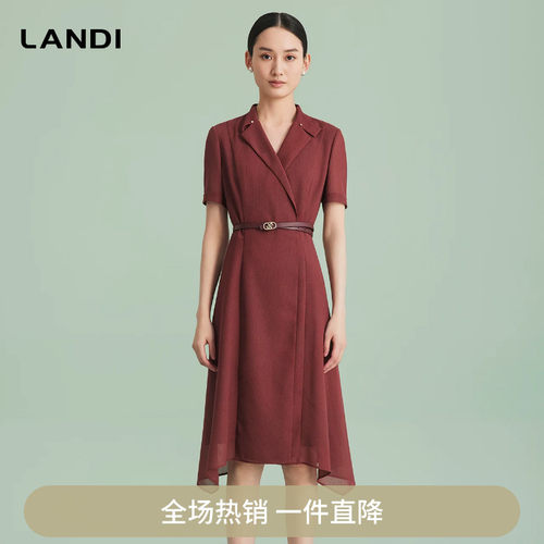 LANDI西装领波尔多红长款连衣裙