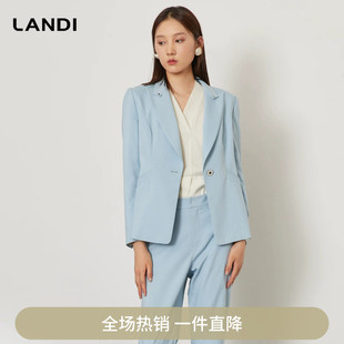 LANDI浅蓝色设计感戗驳领一粒扣收腰短款小西装外套女秋新品