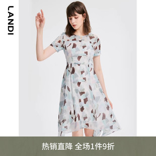 LANDI夏季 撞色碎花印花不规则下摆连衣裙女中长裙子 新款