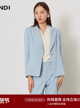 LANDI浅蓝色设计感戗驳领一粒扣收腰短款小西装外套女秋新品