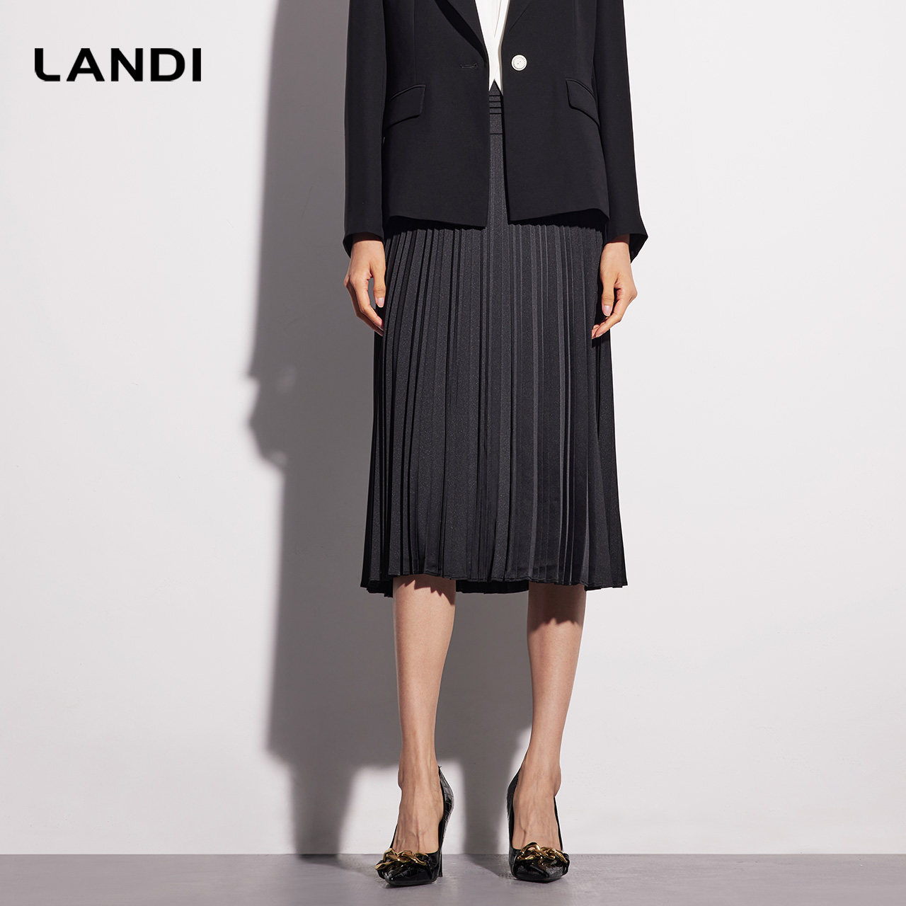 LANDI重磅面料黑色高腰百褶裙女中长款半身裙有内衬春新品