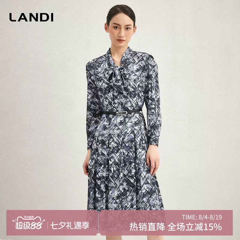 印花系带领通勤收腰连衣裙