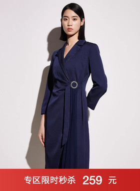 LANDI藏蓝色V领不对称压褶连衣裙女2023年春季新款九分袖裙子