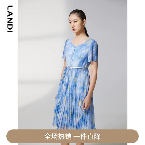 LANDI蓝地艺术印花短袖收腰连衣裙女百褶裙亲肤舒适夏新品