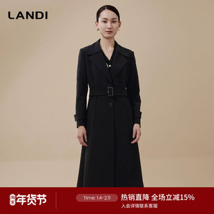 LANDI黑色高级感通勤收腰系带风衣外套女中长款秋新品