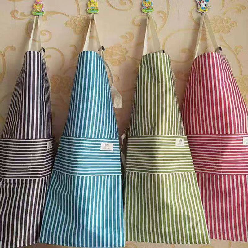 韩版条纹挂脖防水布可调节围裙防油防污厨房成人口袋PVC防水围裙