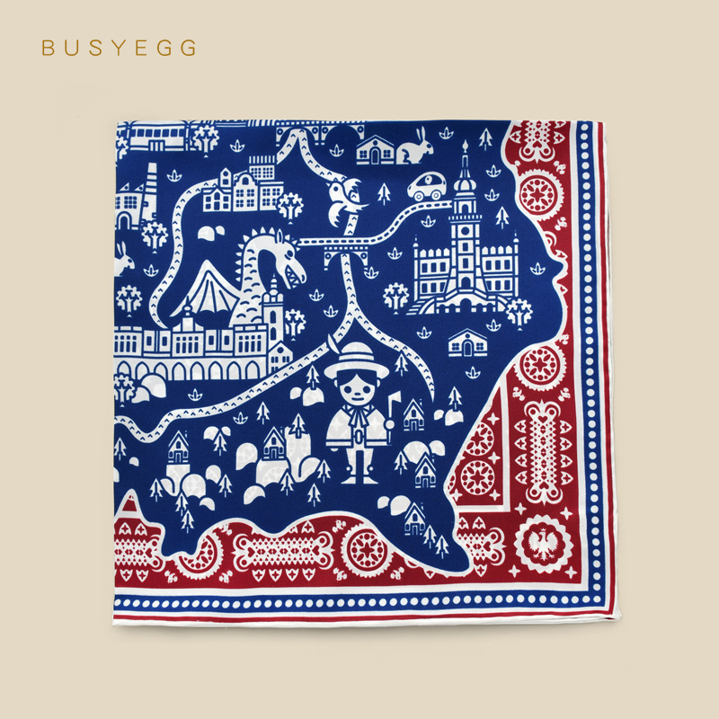 BUSYEGG儿童真丝小方巾红蓝房子