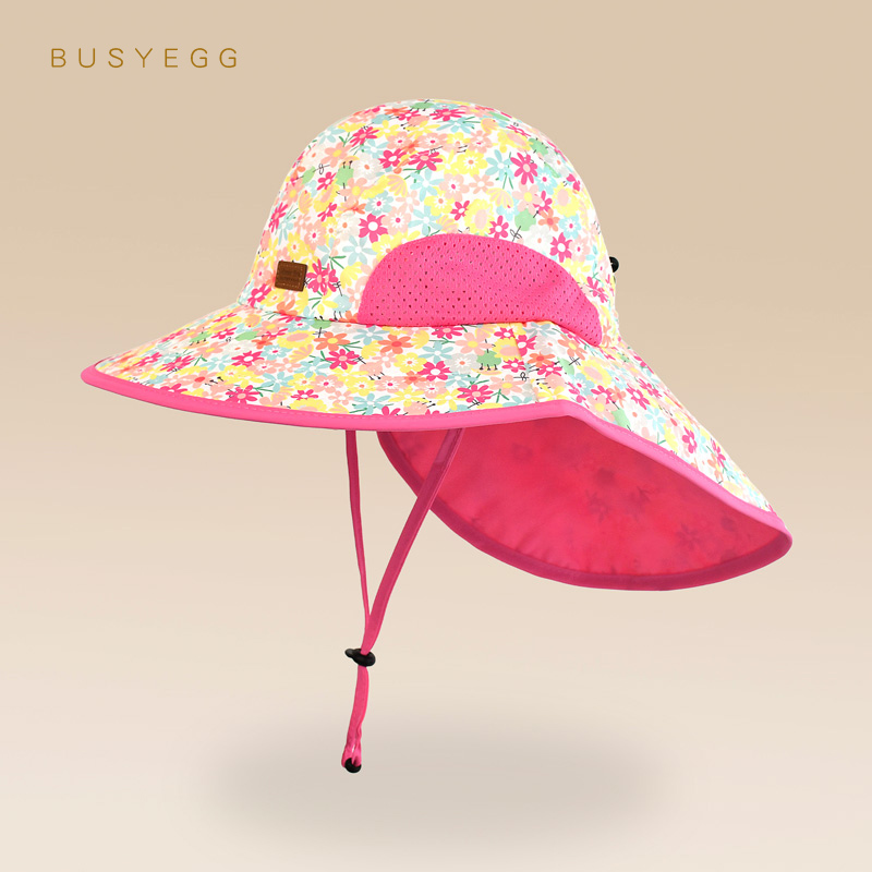 甜美碎花儿童遮阳帽夏女童户外防晒帽子防紫外线大檐可调节可折叠