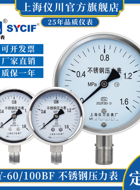 上海仪川仪表厂不锈钢压力表YN60100BF抗震防震304不锈钢水压气压