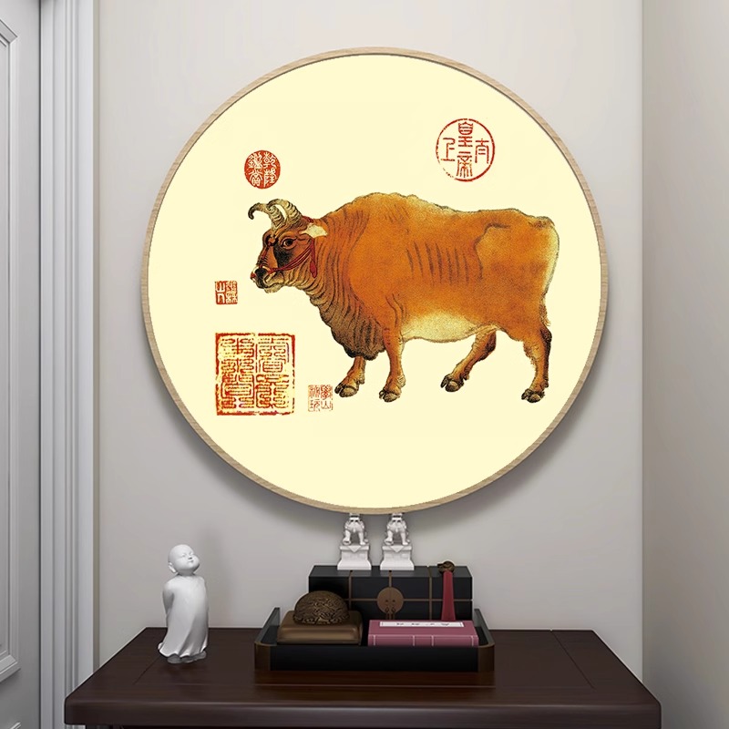 五牛图圆形挂画牛气冲天新中式玄关客厅装饰画办公室壁画聚财风水图片