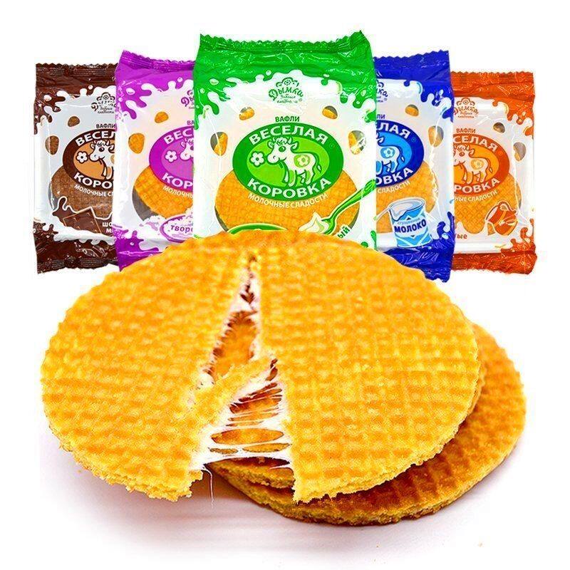 俄罗斯进口蜂蜜牛奶开心牛拉丝饼干零食饼干糕点150g夹心瓦夫饼