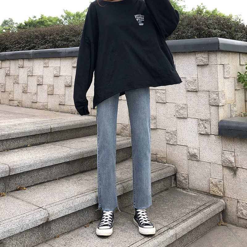 直筒八分牛仔裤女2020秋季新款高腰百搭显瘦显高宽松阔腿九分裤子