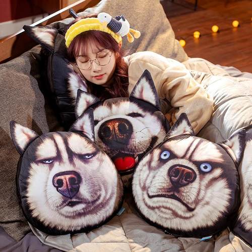 哈士奇搞怪狗头沙雕抱枕被子两用冬季加厚折叠被办公室午睡毯子