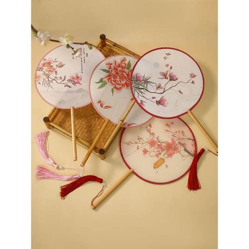 烫金印花圆扇古扇儿童半透明长柄流苏舞扇女汉古旗袍圆扇