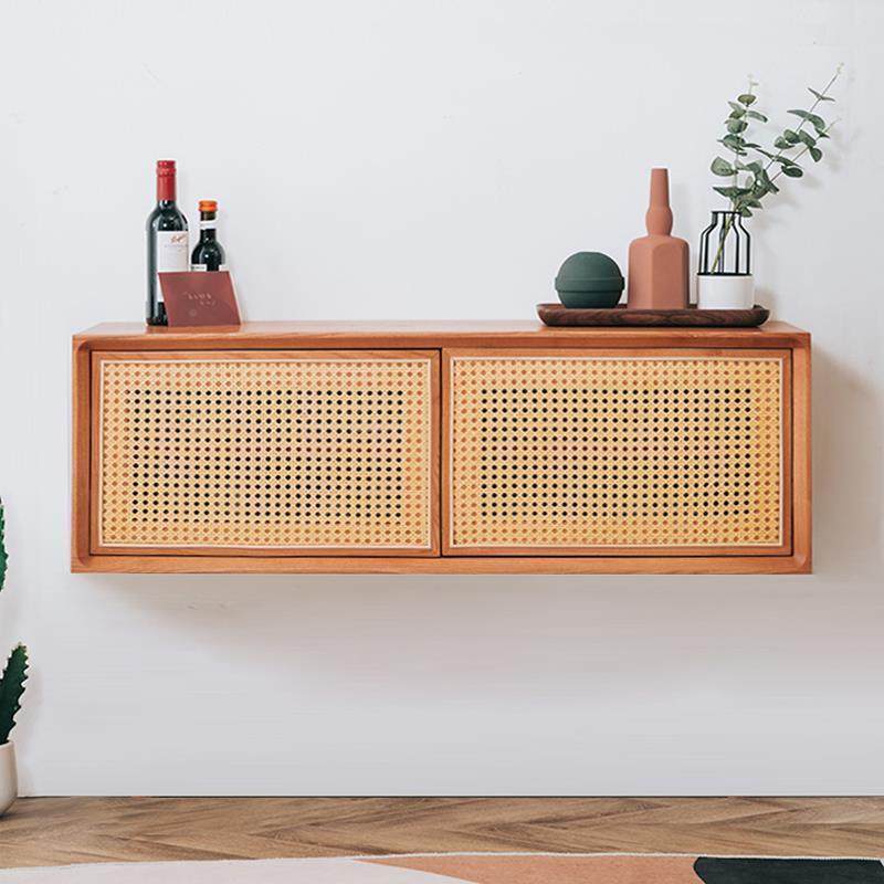 北欧实木藤编吊柜餐厅客厅壁挂式储物柜卧室墙壁柜书柜置物架厨房