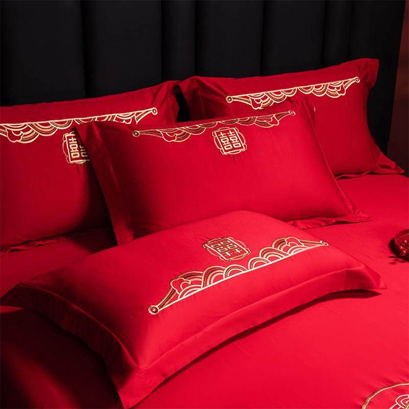 结婚大红色床单单件全棉刺绣被单枕套三件套纯棉长绒棉喜庆用品23