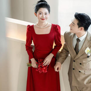 法式红色长袖秋冬年会新年战袍晚礼服高级感新娘结婚敬酒服简约女