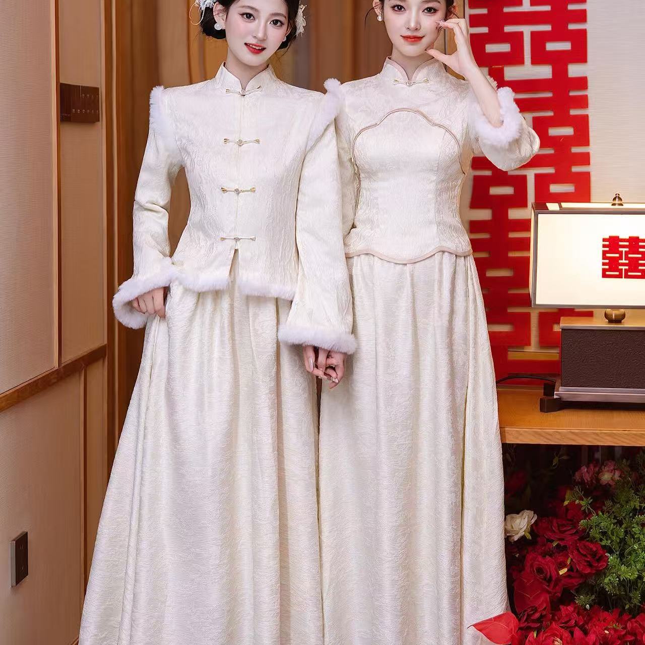 新中式风伴娘服长袖立领礼服裙