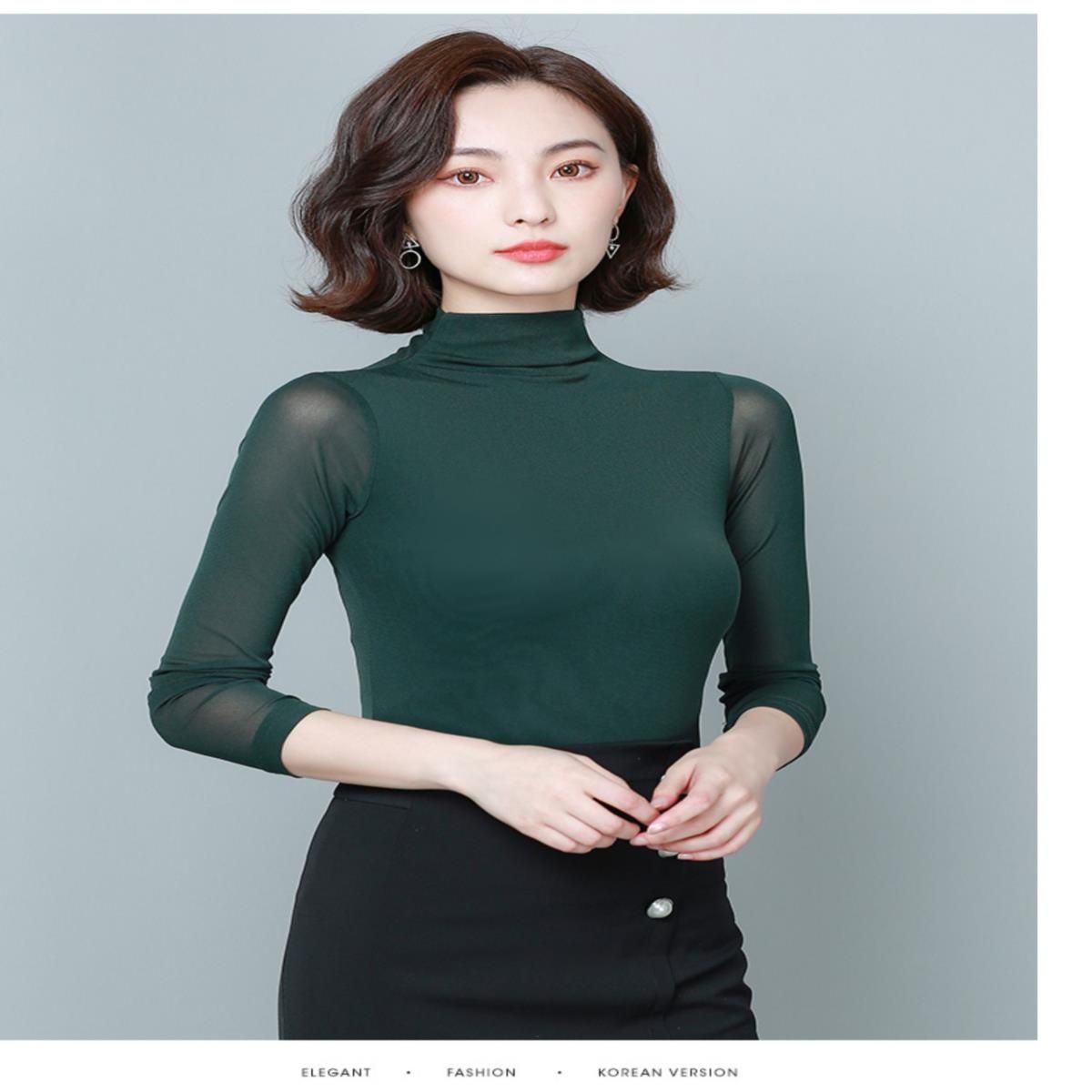 半高领网纱打底衫女长袖春秋内搭纯色纱衣T恤薄款弹力紧身上衣潮