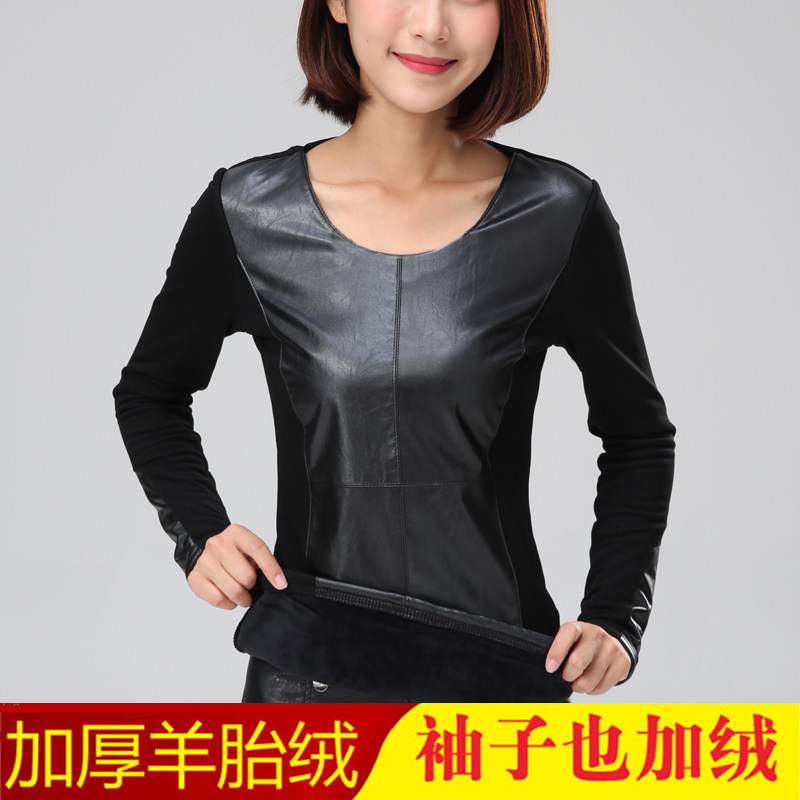 加绒打底衫女外穿厚秋冬时尚pu皮网纱拼接保暖小衫T恤2020新款潮