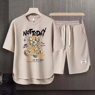 华夫格短裤 T恤男宽松休闲运动五分裤 套装 高端短袖 两件套 大码 夏季