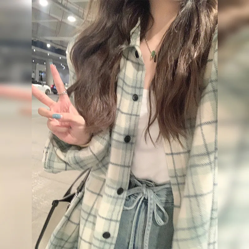 春秋新款绿色格子衬衫外套女港风小众设计情侣衬衣ins潮上衣