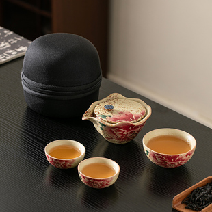 旅行茶具套装 火石红便携式 诧寂复古手抓泡茶壶茶杯户外露营快客杯