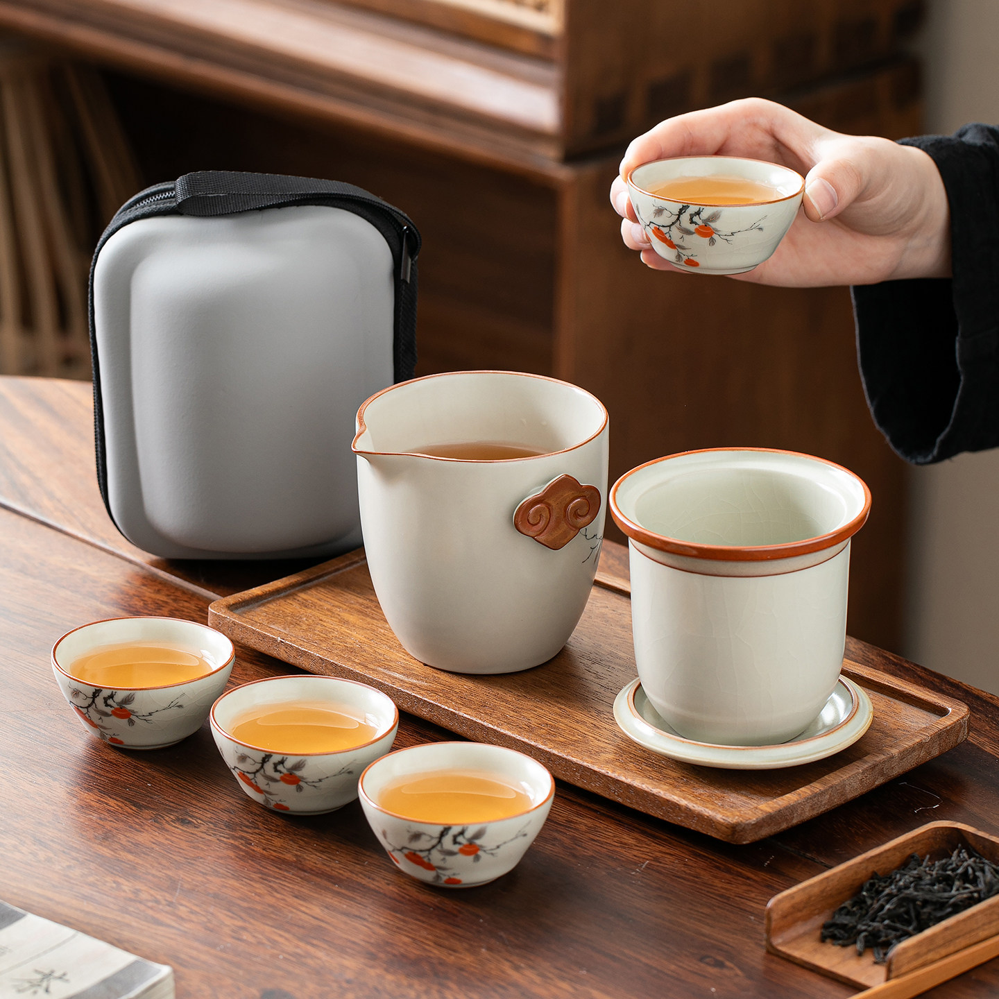 便携式旅行茶具小套装户外泡茶壶茶杯露营柿子汝窑快客杯一壶四杯