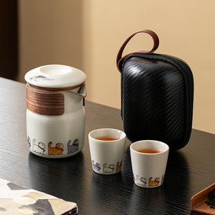 旅行茶具小套装 可爱猫咪便携式 户外萌趣女士泡茶壶茶杯露营快客杯