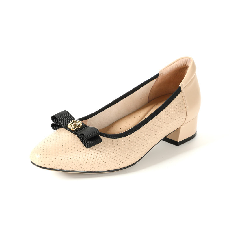 瑞贝卡女鞋浅口皮单鞋平色粗跟一脚蹬2023春款小香风女鞋32jw0305