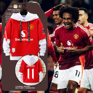 24-25赛季曼联队红魔足球衣服假两件连帽卫衣男女儿童装学生外套