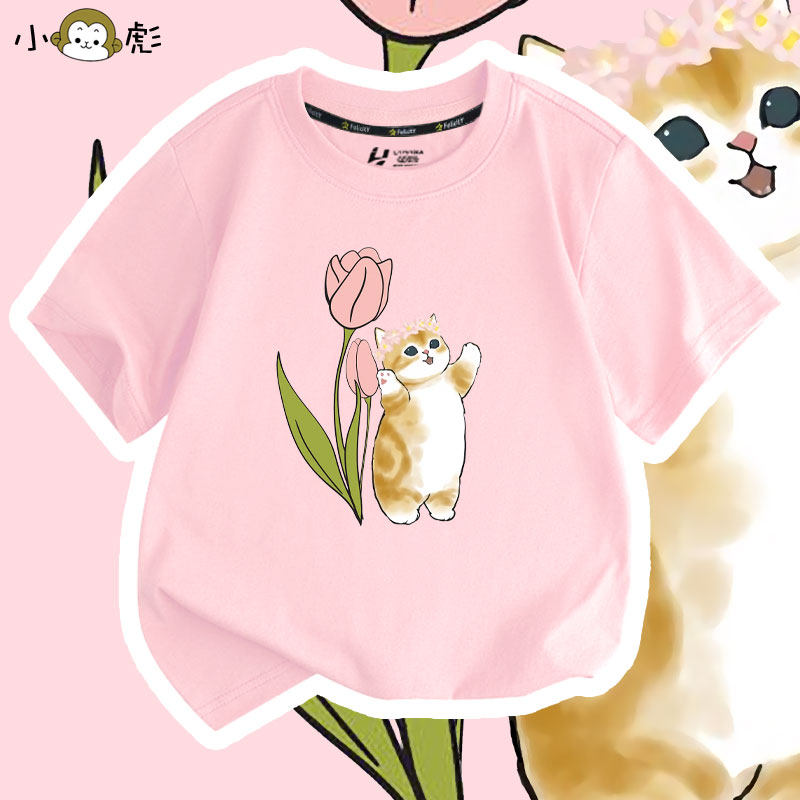 一起去花园玩吧猫猫与花短袖t恤衫男女大中小儿童装学生宝宝半袖