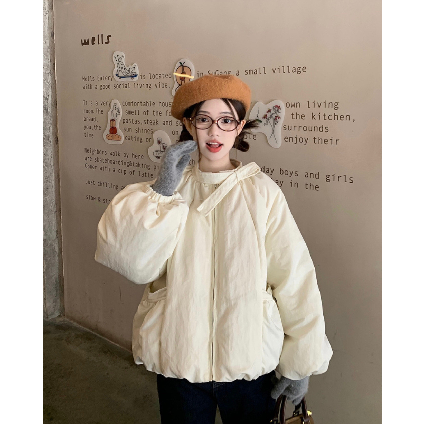 韩国东大门泡芙甜美圆领系带花苞插肩袖大口袋保暖棉服外套