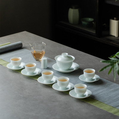 仿宋影青薄胎浮雕牡丹盖碗功夫茶具套装家用陶瓷品茗杯大套组